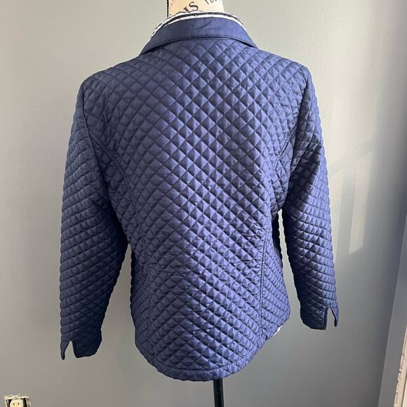 Chico’s dark blue/silver/white quilted snap button collared jacket with pockets - Picture 2 of 16